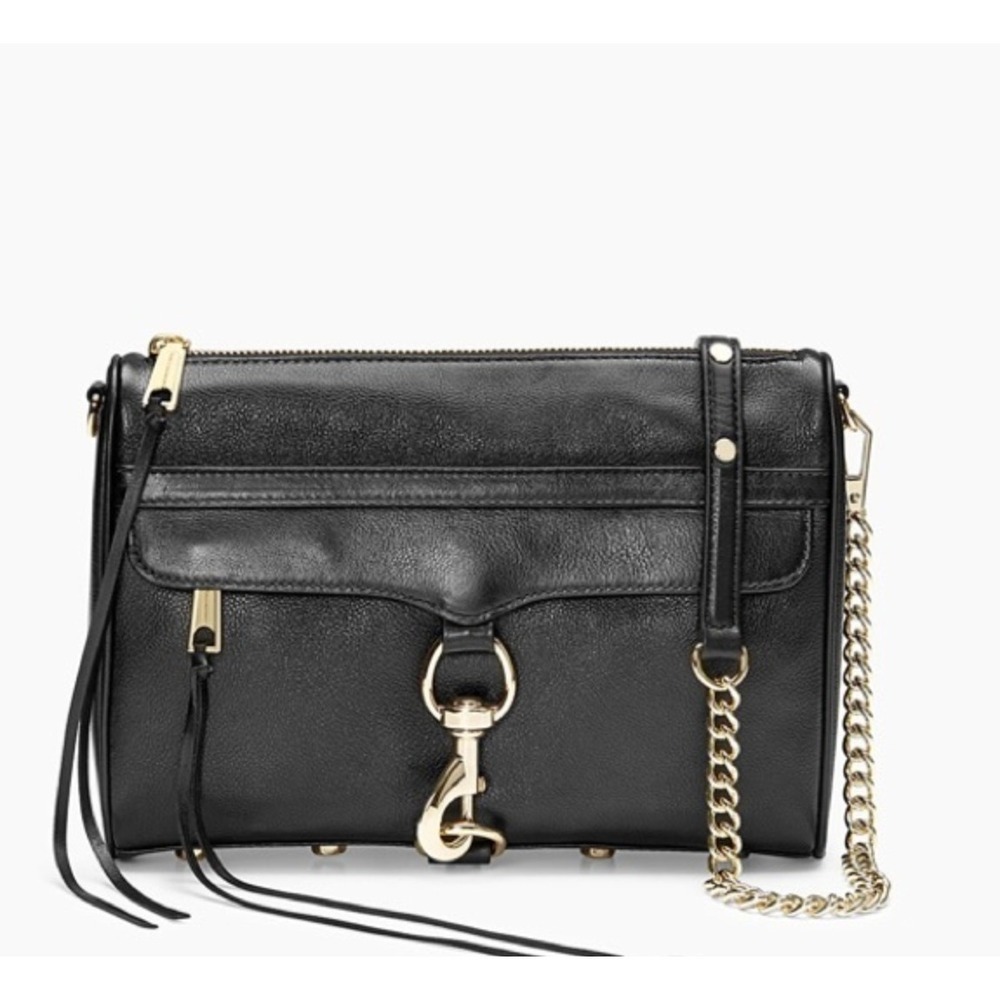 B34 Rebecca Minkoff Mini MAC Crossbody‎ Bag Black Leather Gold Chain Everyday